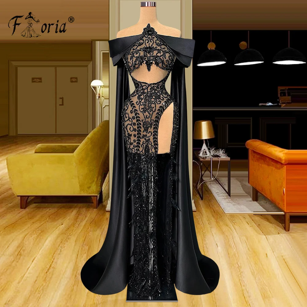 Vestidos de Noche de sirena negra para mujer, chal largo de encaje con cuentas, hendidura para ocasiones especiales, vestido de fiesta Formal musulmán