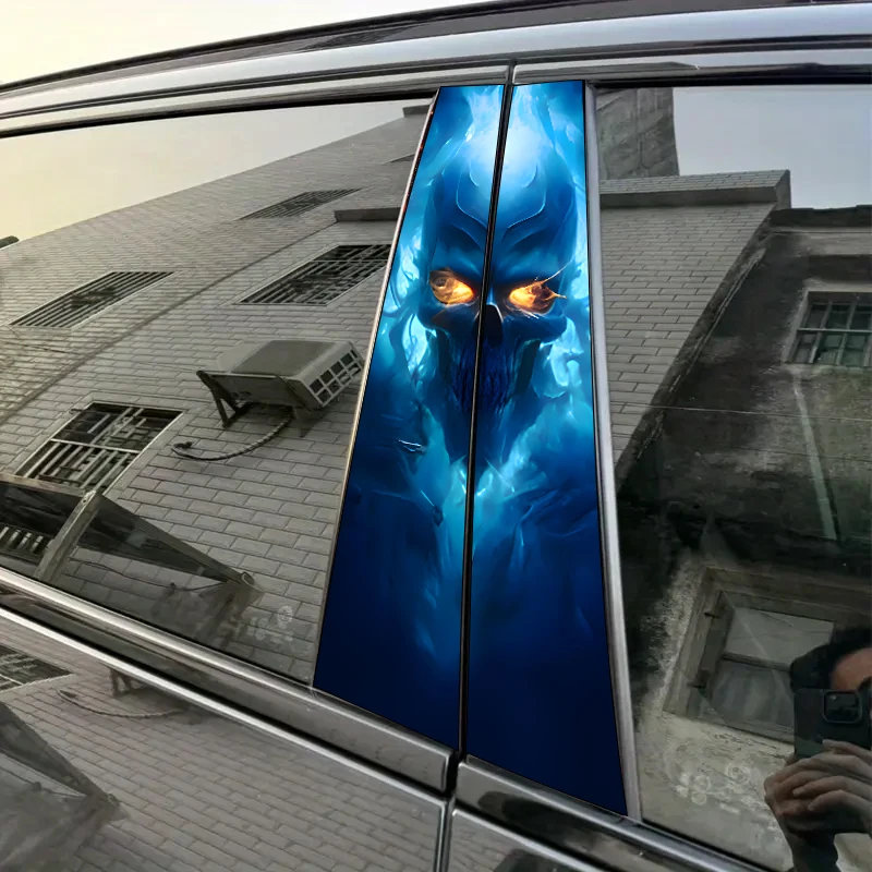 

2pcs Blue Flaming Skull Car Sticker B-Pillar DIY Center Pillar Film Decorative Car Accessory