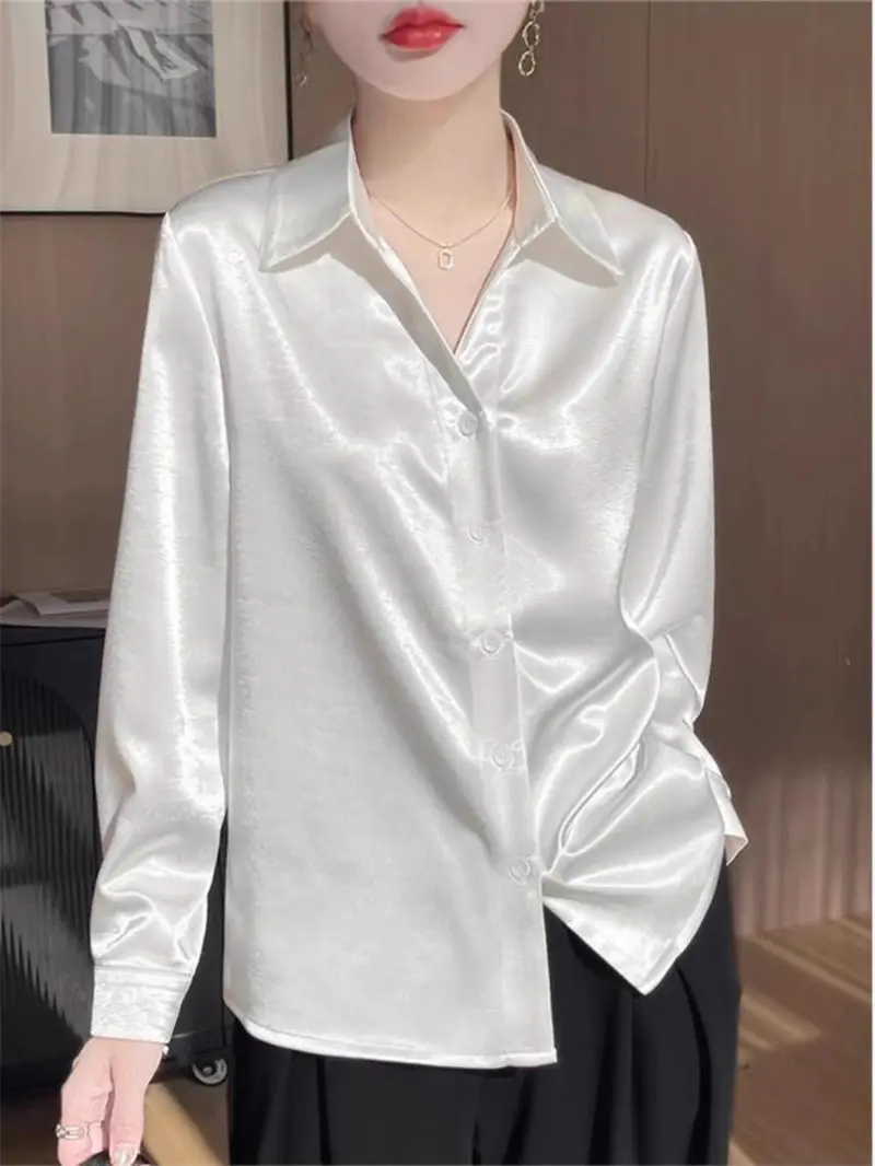 

Women's French Lapel Silky Satin Shirt - Oversized Casual Blouse with Drop Shoulder Design, Chic Loose Fit Top (G282)