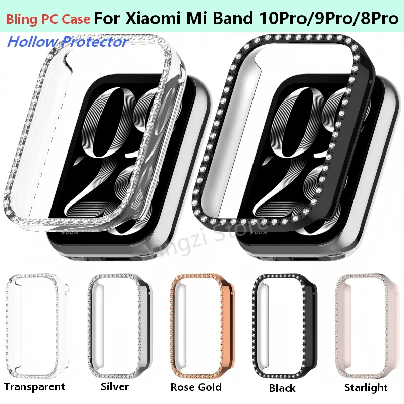 Capa Protetora Bling PC Vazada para Xiaomi Mi Band 9 Pro 10 Pro 8 Pro Smartwatch com Diamantes e Cristais - Acessório de Proteção