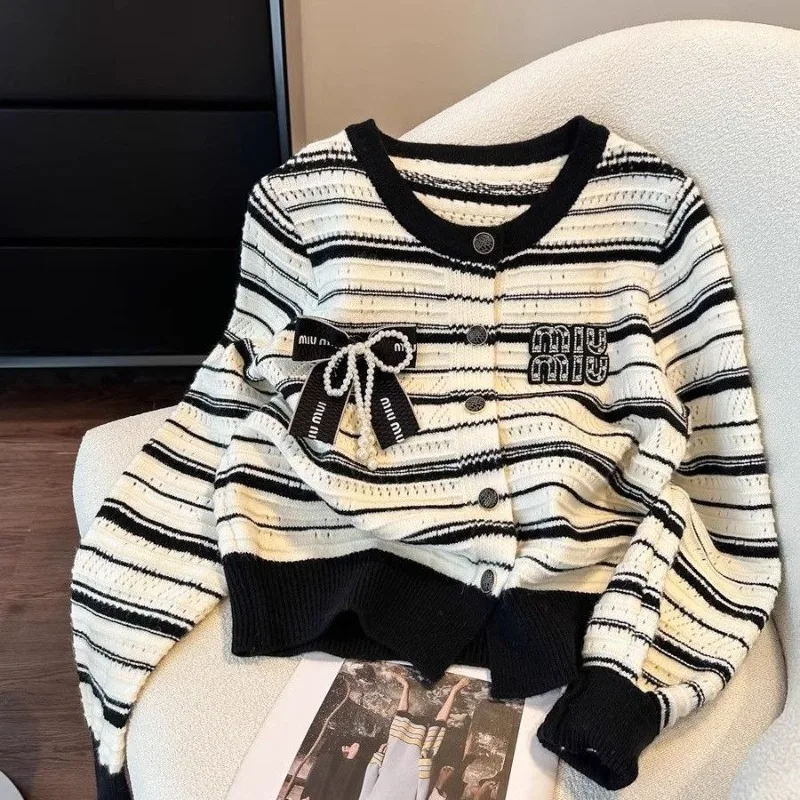 Bow Striped Knitting Cardigan Women Autumn Winter Fashion Loose O-neck Sweater Coat Casual All-match Office Lady Knitwear Tops