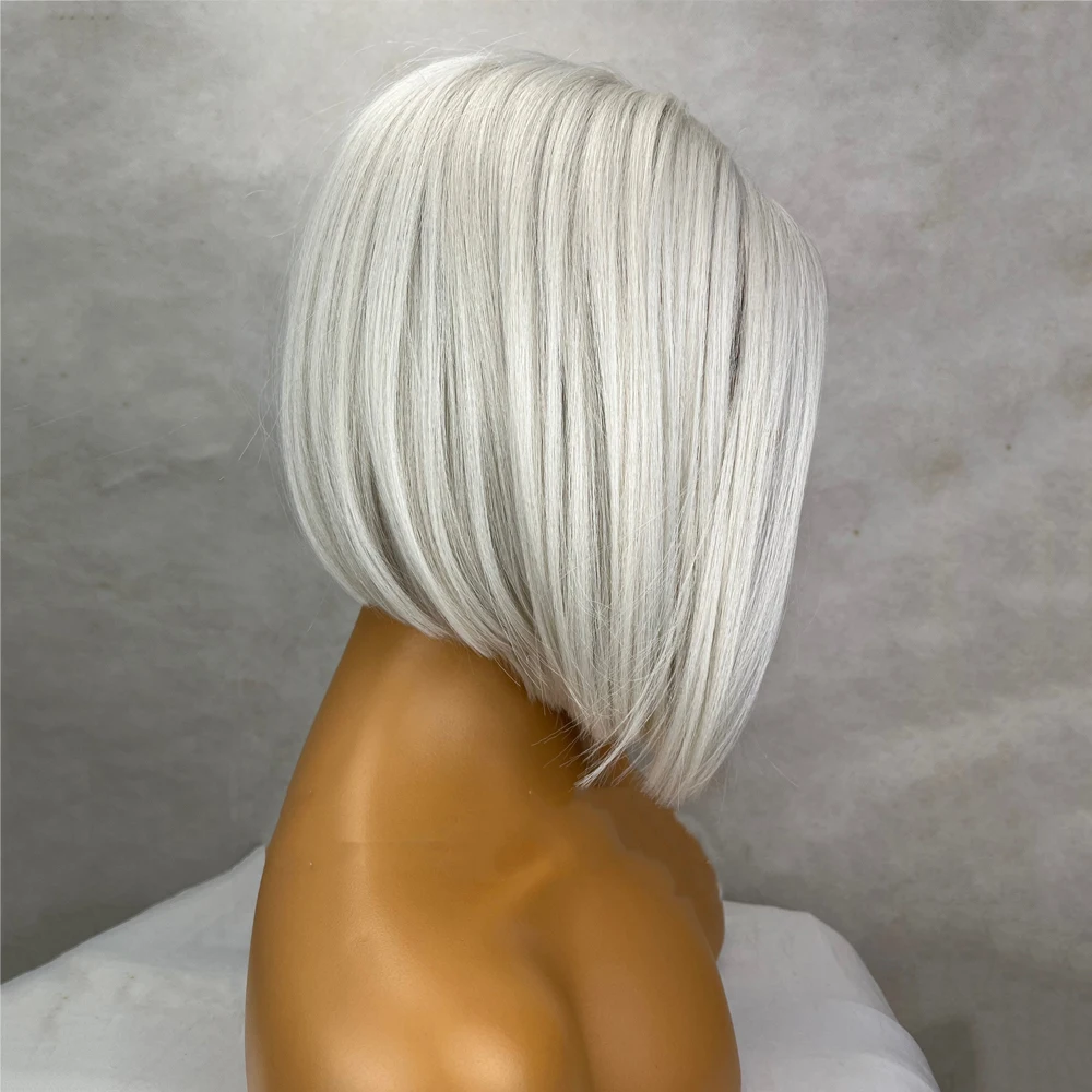 Peluca corta de cabello humano, postizo de 12 pulgadas con encaje frontal sintético, raya central recta, color blanco, rubio platino, 150 de