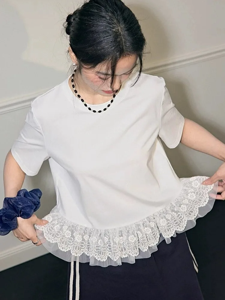 Bluzka damska letnia z falbankami i koronką, prosty krój, luźny krój, styl koreański, idealna do pracy.
