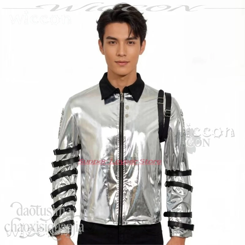 Halloween Cosplays Michael Jackson Silver Leather Coat – Punk Stage Costume + Long Wavy Wig, Halloween Prop view 3