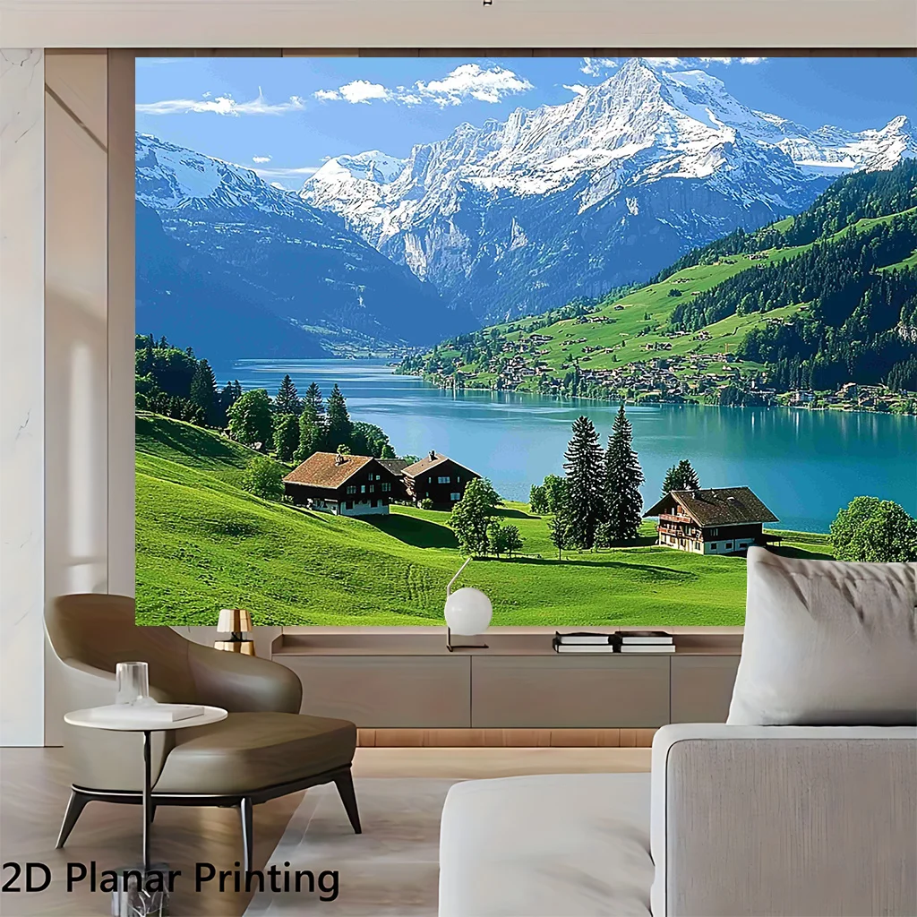 Swiss Alps Snow Mountain Lake Green Valley House Tapestry 2D Flat Printing Wall Hanging Backdrop for Living Room Bedroom Decor