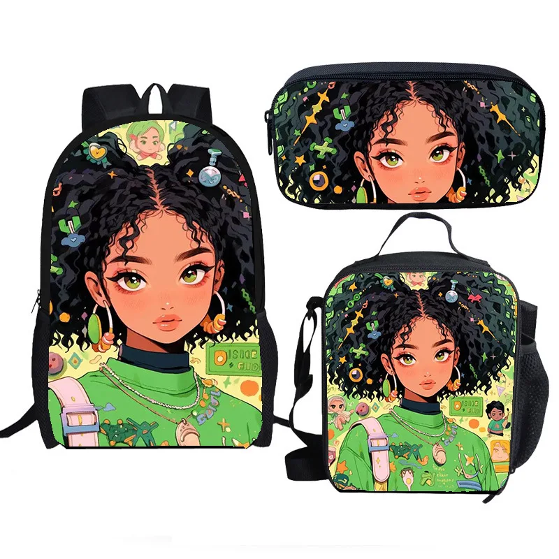 ヒップホップ人気面白いアフリカの女の子-3d-プリント-3-ピース-セット生徒スクールバッグラップトップデイパックバックパックランチバッグ鉛筆ケース