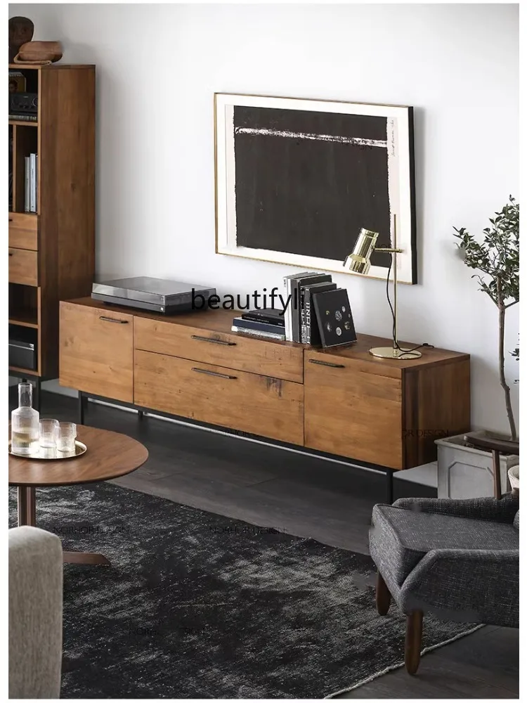 TV Cabinet and Tea Table Combination Modern Simple Log Minimalist Light Luxury Solid Wood Simple Floor Cabinet Low Cabinet