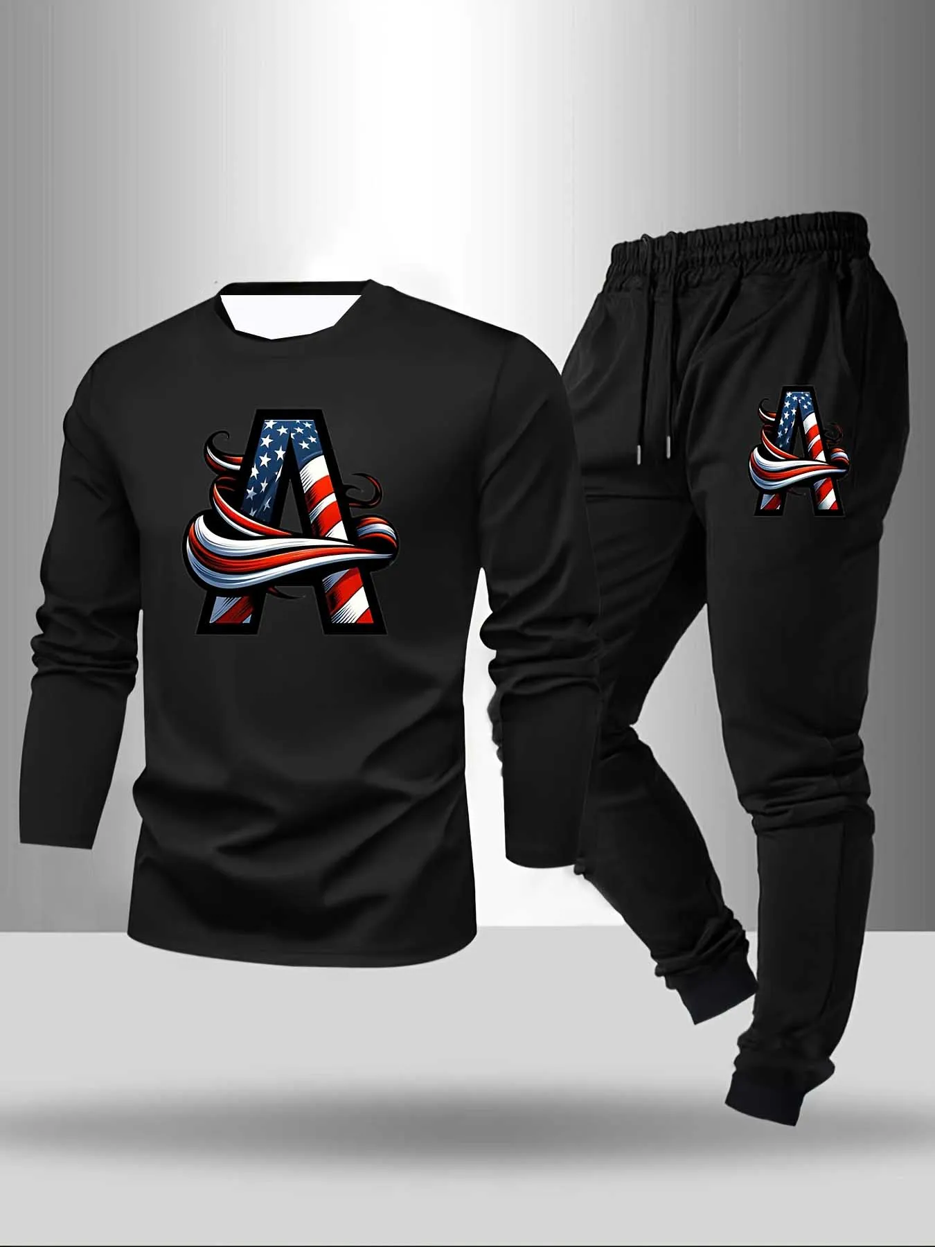 

Autumn fashion Y2K men's sports suit letter A3D printed quick drying long sleeved Tshirt outdoor fitness essential two-piece set