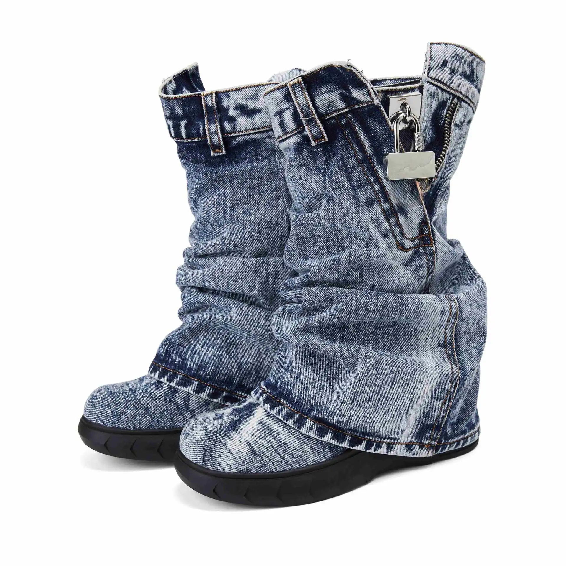 

Platform Washed Vintage Denim Boots Locked Wedge Round Toe Personalized Mid-Calf Botines Round Toe Comfortable Women Boats