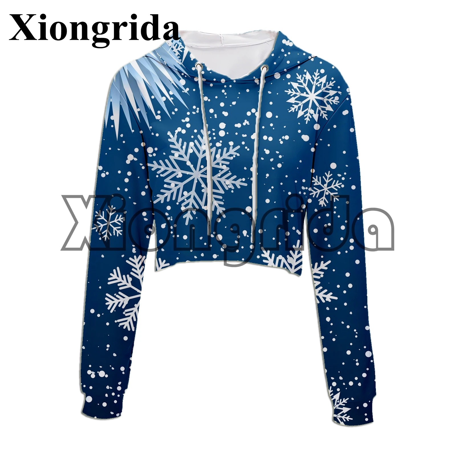 Y2K Xmas Snow Hoodies Crop Top Hoodie Women Christmas Snowflakes 3D Print Long Sleeve Casual Hooded Short Sweatshirt Pullover