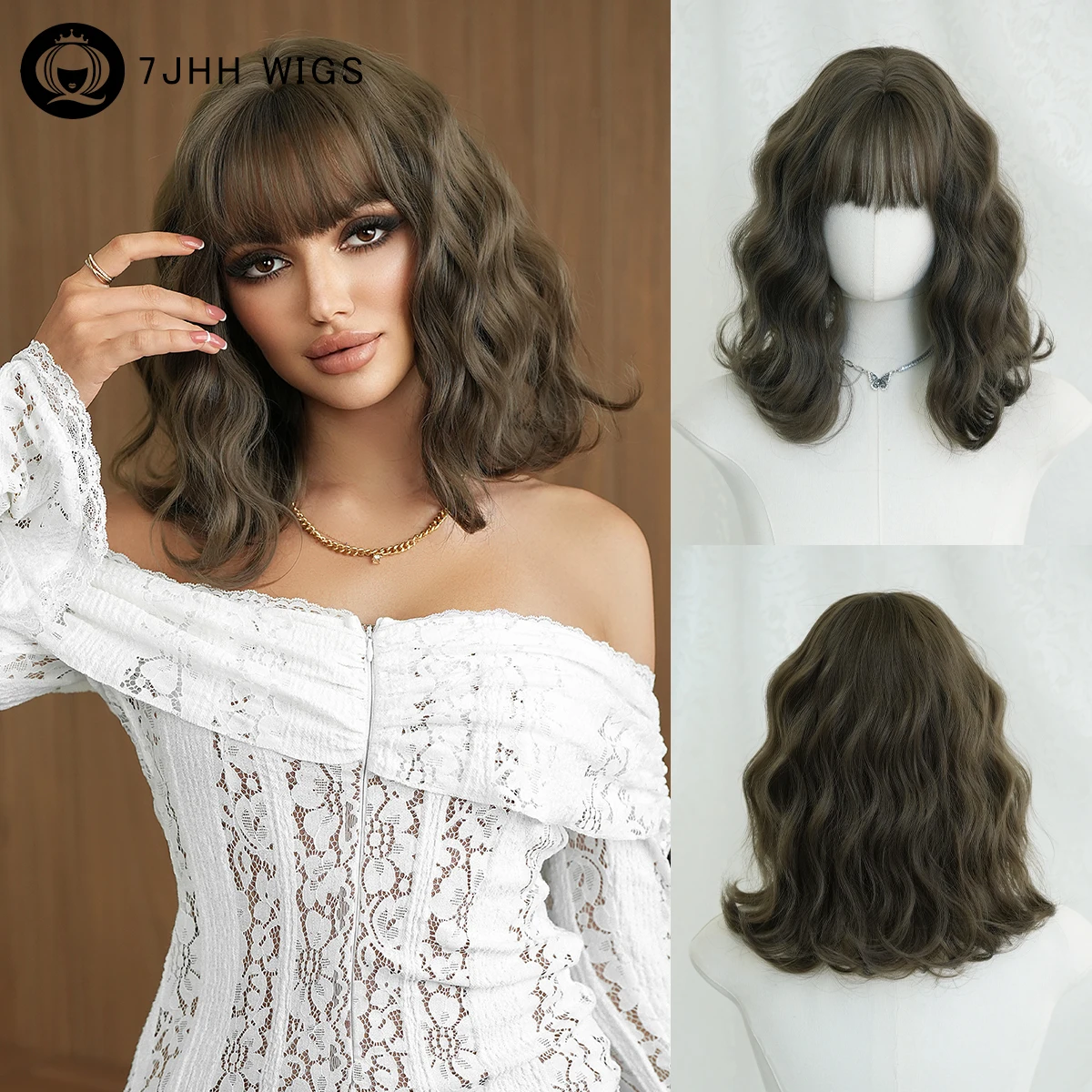 

7JHH WIGS Short Water Wave Cool Brown Wig for Women Synthetic Heat-Resistant Modest Fashion Brown Bob Wigs with Neat Bangs