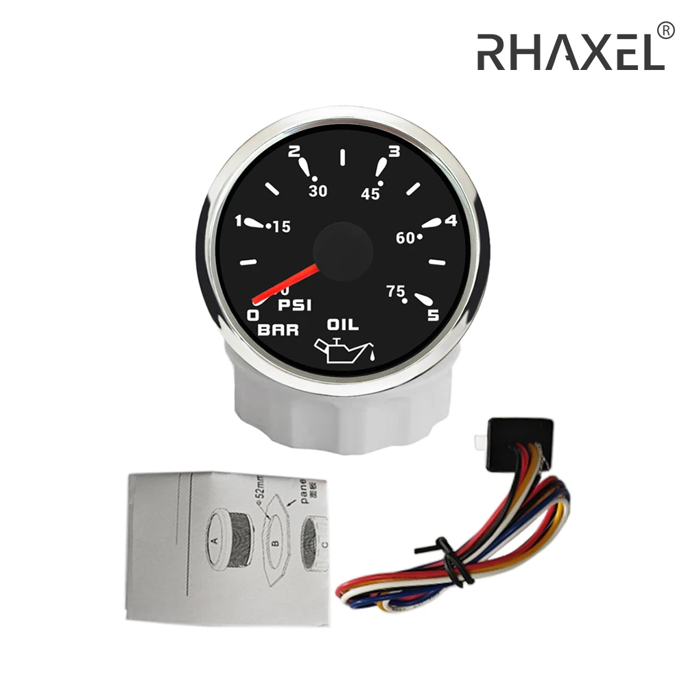 RHAXEL Oil Pressure Gauge 0-5Bar 0-75Psi 0-10Bar 0-150Psi 52mm (2'') with 7 Colors Backlight 12V 24V for Auto Motorcycle RV