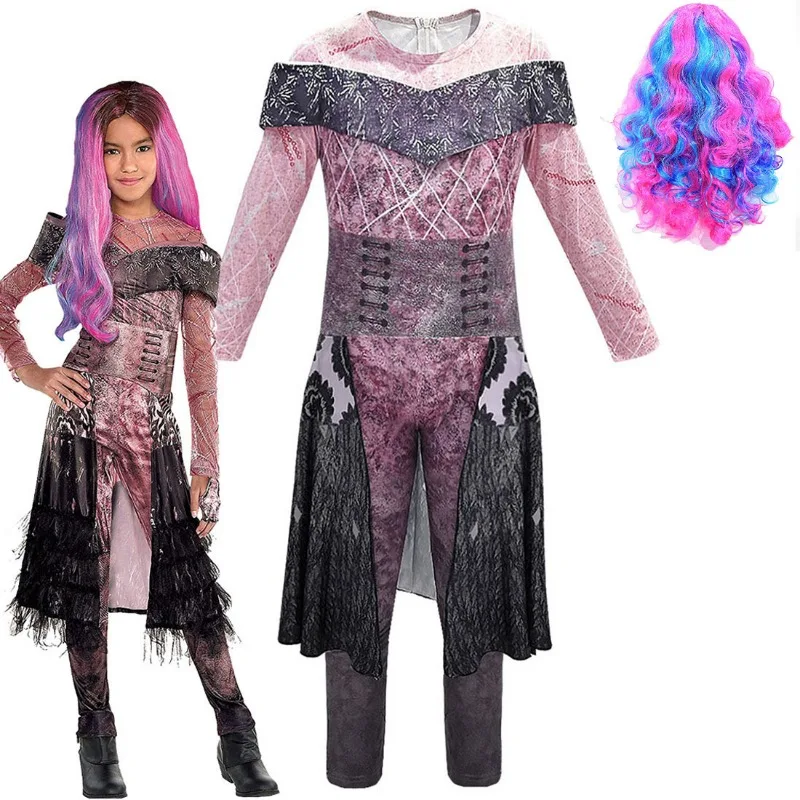 Halloween Descendants3 Mal Costume for Girls Evie Cosplay Costume Kids Fantasia Halloween Clothes Wig Birthday Party Fancy Dress