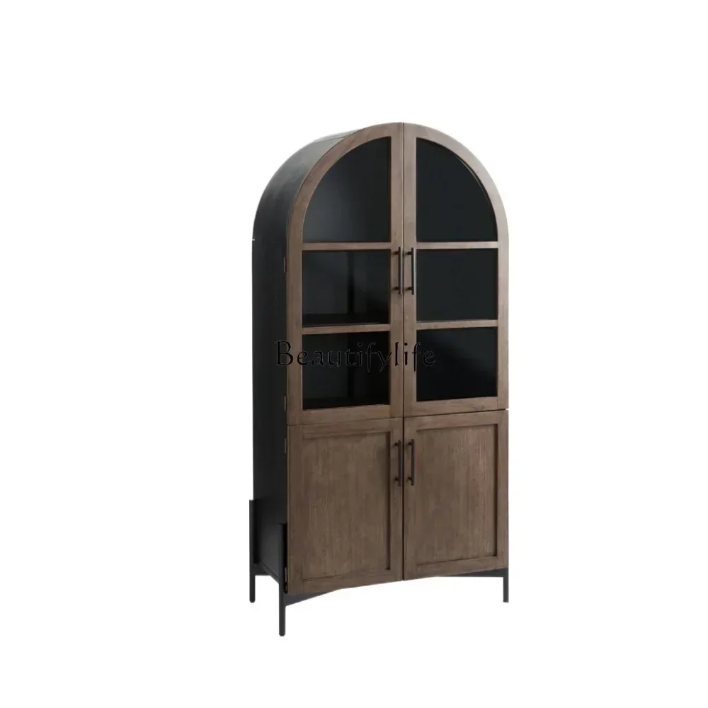 

American Light Luxury Solid Wood Floor Bookcase Living Room Wall Arch Glass Door French Retro Wine Cabinet