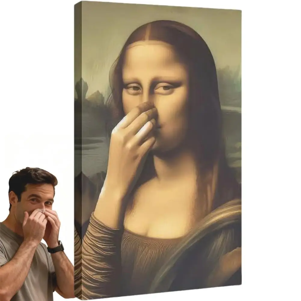 Pièce Mimics Mona Lisa mur de salle de bain, drôle Mona Lisa pincement nez affiche salle de bain décoration artistique murale, toilettes humour Vintage