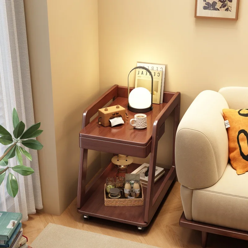 *Nordic Movable Solid Wood Coffee Table Sofa Side Cabinet Wheeled Bedside Table Living Room Hand-pushed Cart Household Furniture