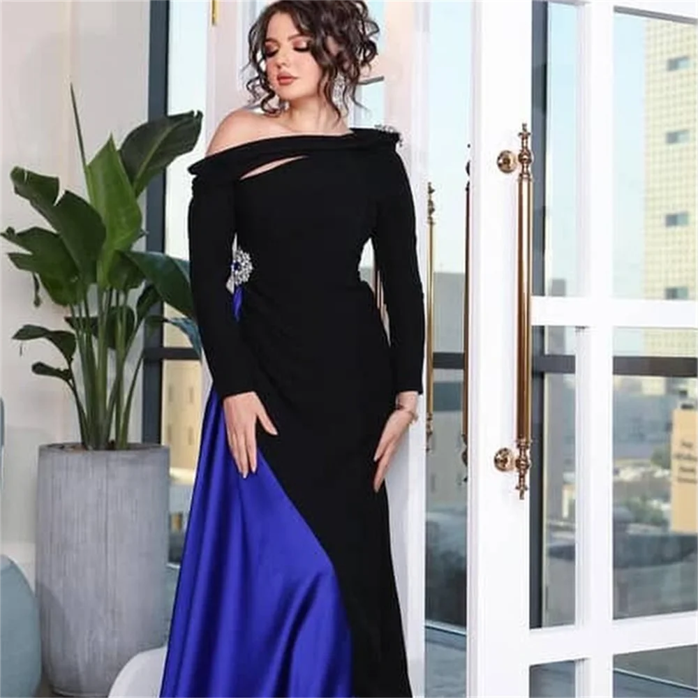 

Blue Satin Prom Dress Crystal Black Pleat Evening Dress Long Sleeves Customized Beads Off Shoulder Formal Occasion Dress 2025