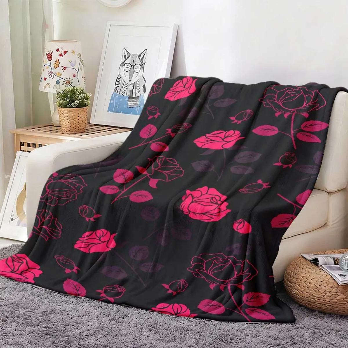 Bright Pink Outline Rose Leaf Silhouette Dark Black Base Fleece Blanket Cozy Throw For Bed Travel Dorm Romantic Decor Present