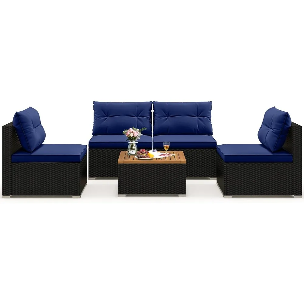 5 Piece Rattan Sofa Table Set, Outdoor Wicker Furniture Set W/Seat & Back Cushions, Square Coffee Tables, Sofa Table