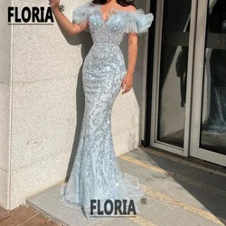 Light Blue Elegant Beaded Mermaid Evening Dresses 2024 Shimmering Crystal Sequins Ruffles Prom Dress Formal Party Gala Vestidos