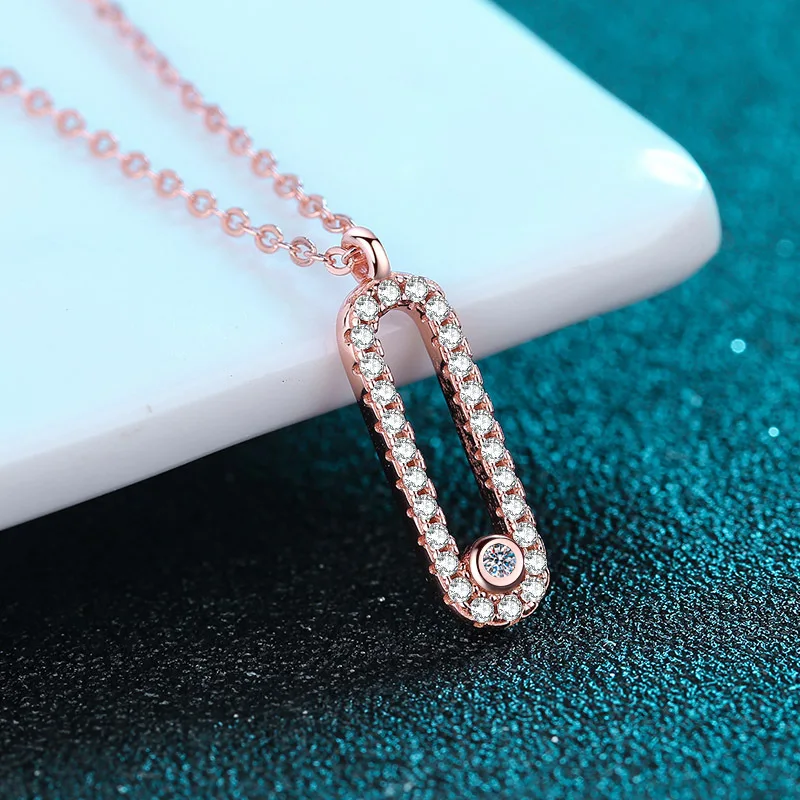 Paper Clip S925 Pure Silver Necklace Moissanite Pendant Collarbone Chain