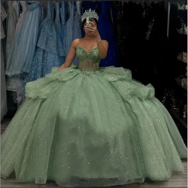 

Green Princess Ball Gown Quinceanera Dresses Vestidos De 15 Anos Glittering Tulle Lace XV Birthday Party Customized