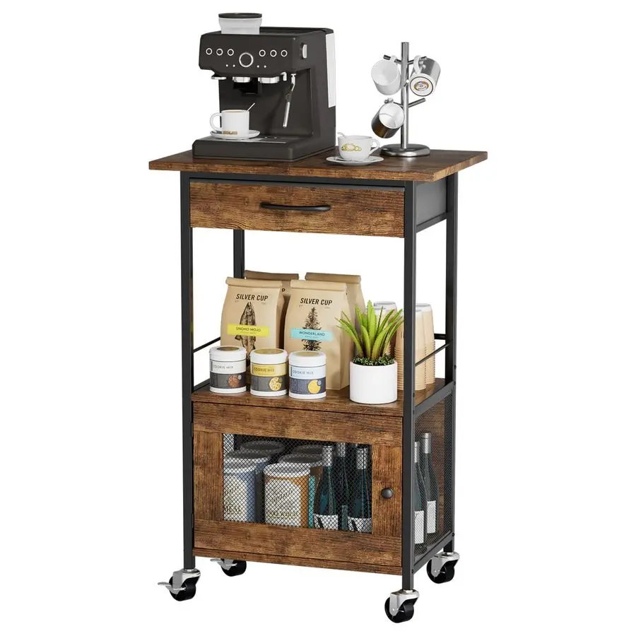 

Buffets Coffee Bar Cabinet Rolling Kitchen Rack, Farmhouse Small Coffee Stand with Storage Drawer and Door Cabinet Kitchen Micr