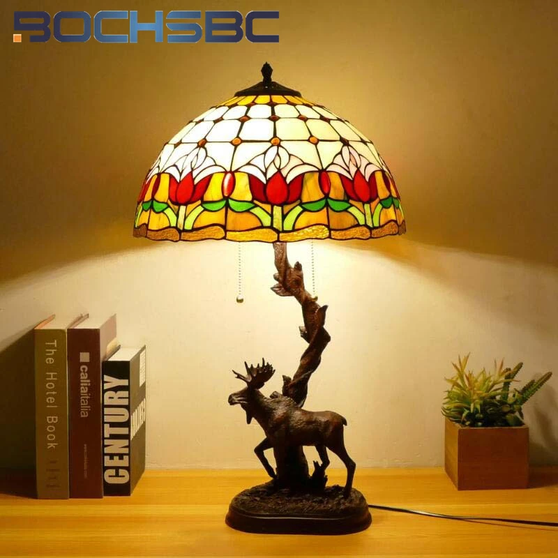 BOCHSBC Tiffany style colored glass American 16 inch elk retro desk lamp for study bedroom living room dining room LED decor