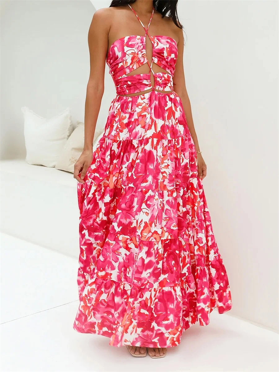 Women Long Dress, Sleeveless Halter Dress Backless Flower Print Hollowed Summer Swing Dress