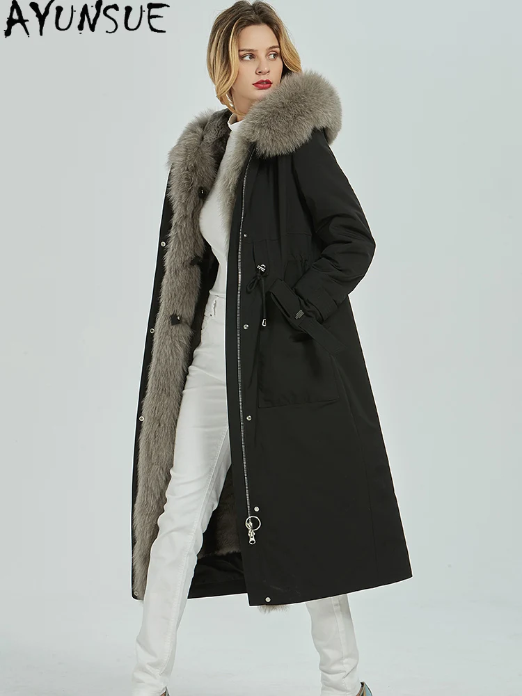 AYUNSUE 리얼 모피 파카 여성 렉스 토끼 라이너 분리형 따뜻한 겨울 의류 중간 길이 트렌치 코트 여우 모피 칼라