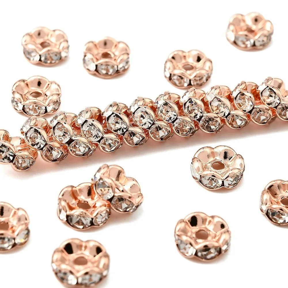 

200pcs Brass Rhinestone Spacer Beads Grade AAA Wavy Edge Nickel Free Rose Metal color Rondelle 8x3.8mm Hole: 1.5mm