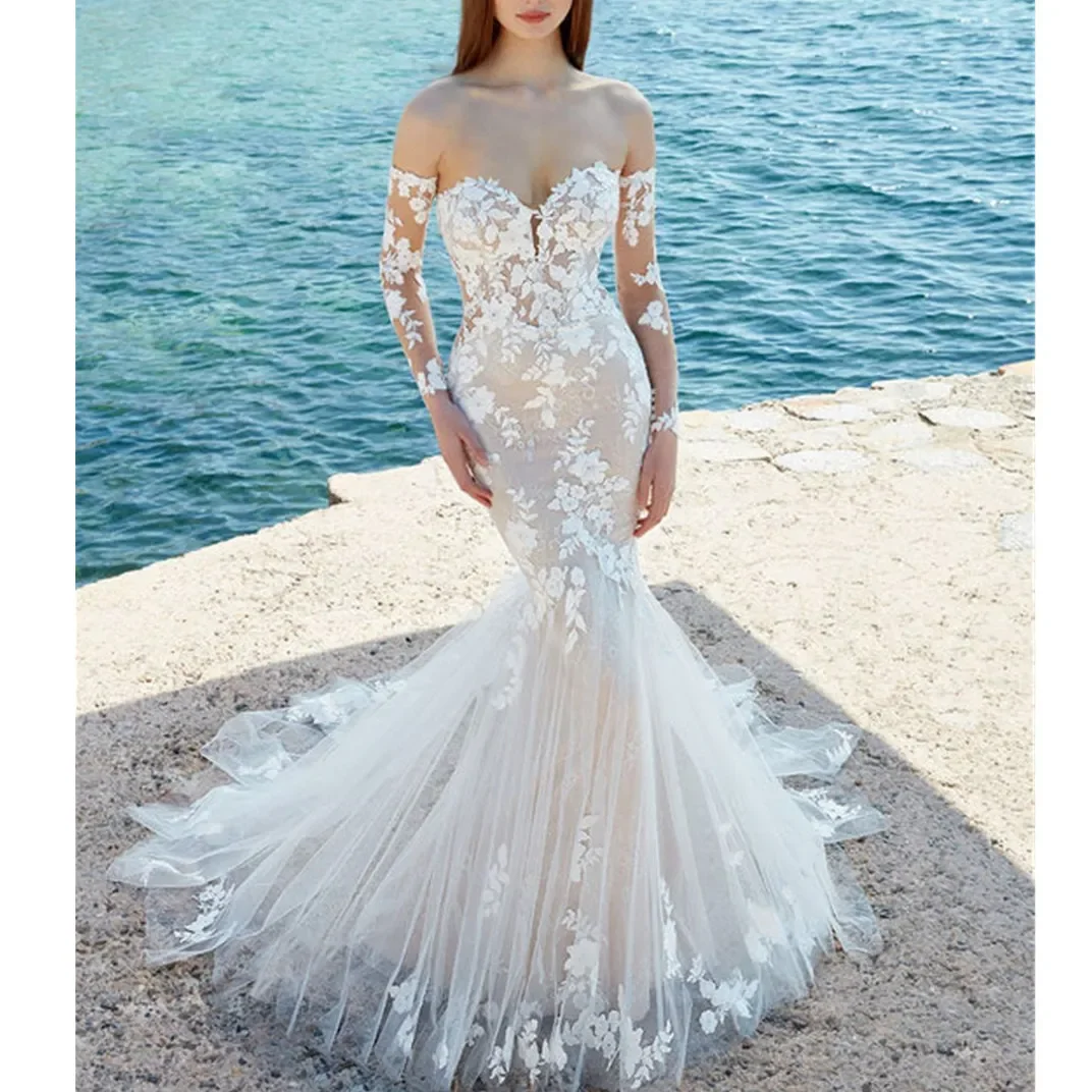 Fashion Princess Lace Wedding dress Beach bare Back applique Sweetheart Mermaid tulle bridal dress with detachable sleeves