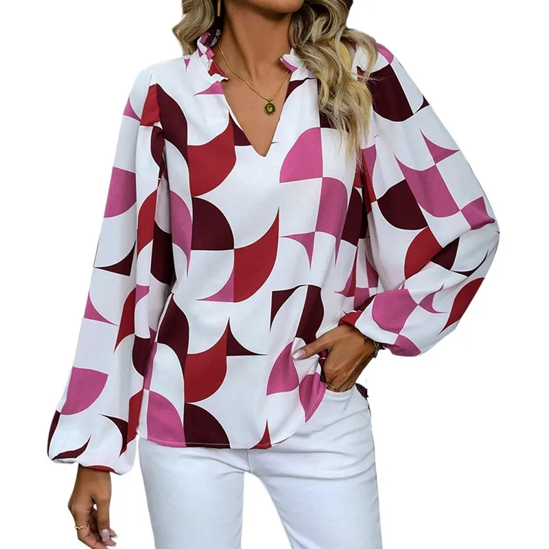 Elegant Summer Women's Shirts Printing Casual Loose Office V Neck Long Sleeve Blouses Pullover Tops For Lady 2024 Spring Autumn