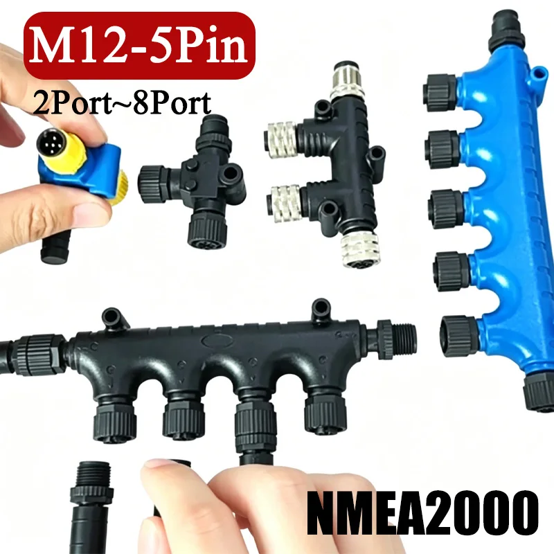 5Pin M12 Connector 3~8 Ports NMEA2000 Converter Car Accessories 250V T-type 3-way Ship Yacht Power Plug Terminal IP67 Waterproof