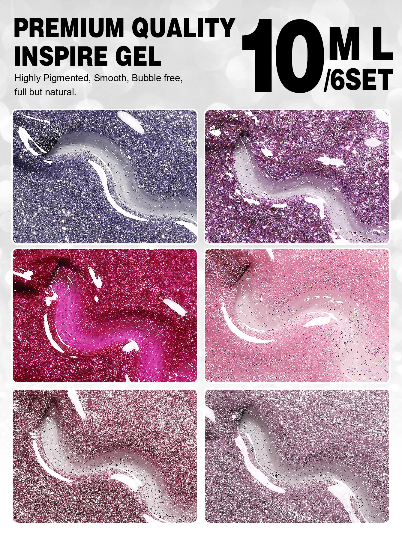 YOKEFELLOW Reflective Glitter Gel Polish Set 6 Colors Neon Gel Nail Polish 10ML Hot Pink Purple Soak Off UV Led Gel Nail Polish