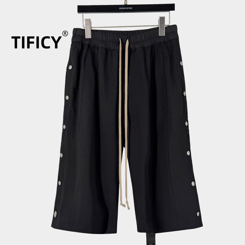 High Street  RO Dark Style Shorts Men's Side Button Opening Simple Solid Color and Split Casual Five Point Casual Loose Shorts