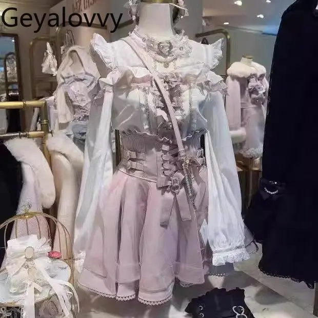 

Japanese Style Shirt Sweet Bow Rhinestone Button Off-Shoulder Lace Shirt Base Layer Gorgeous Flutter Sleeves Women Tops Blouse