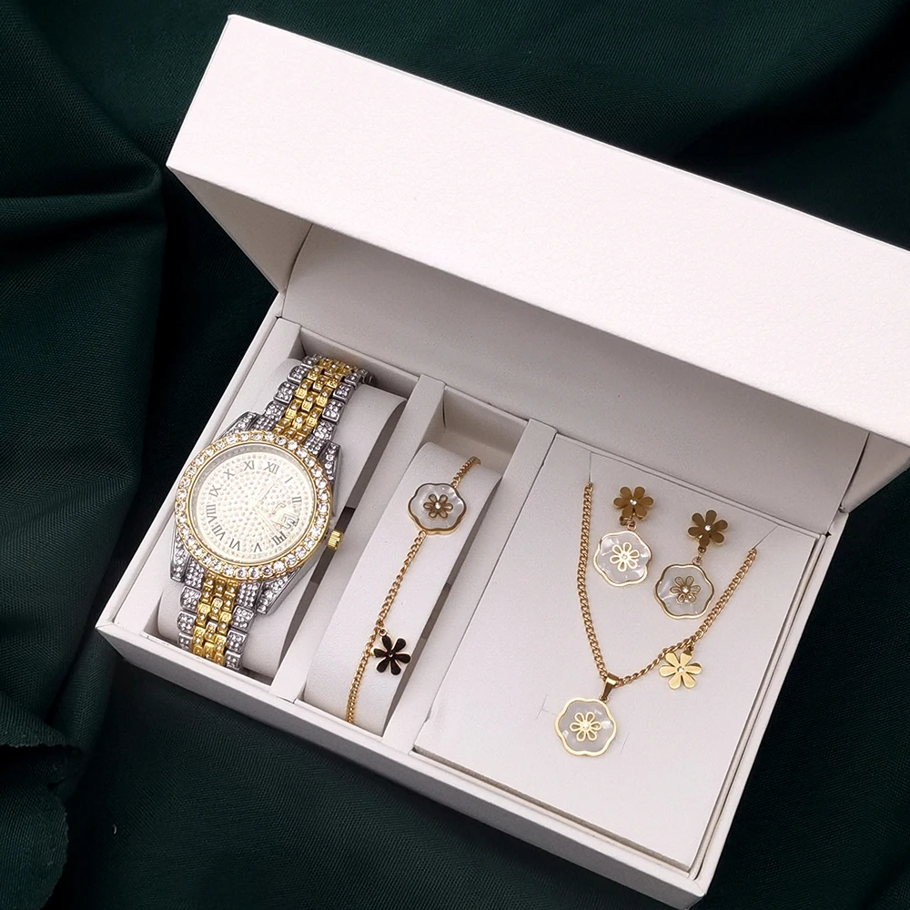 Women Quartz Watch With Flower Jewelry Set For Women Rhinestone Watch Steel Clock Necklace Bracelet Earrings Ring Set + Box