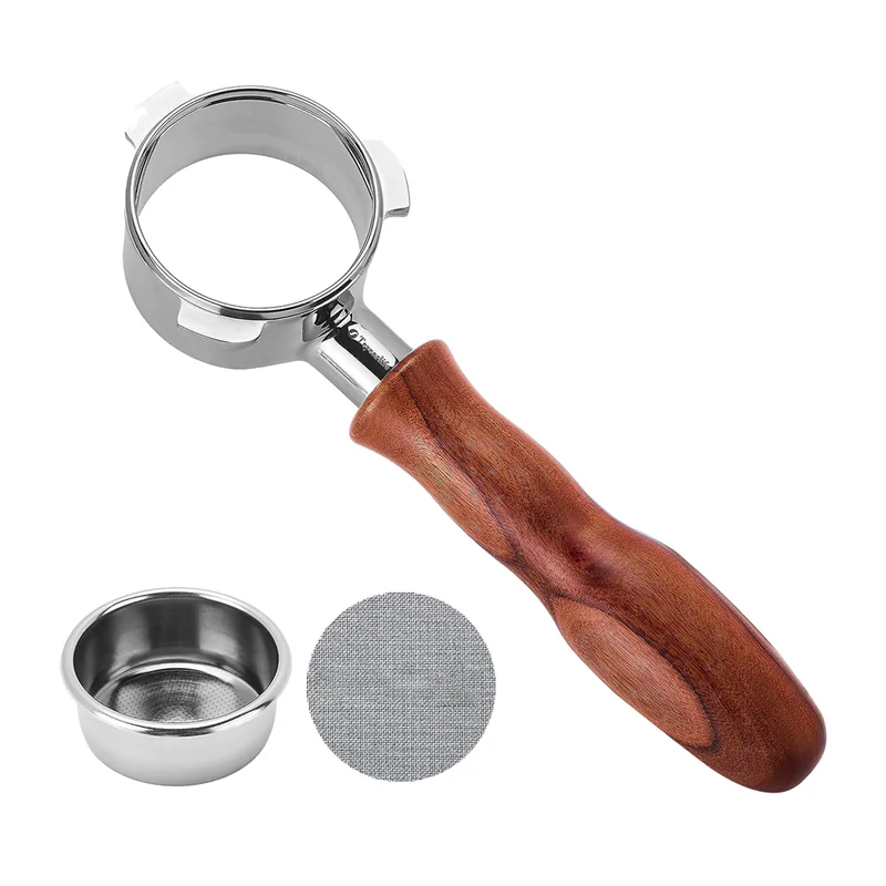 Portafilter Tanpa Dasar Stabil-54Mm, Pengganti Portafilter, Terbuat dari Baja Tahan Karat dan Kayu Solid. Portafilter Tanpa Dasar Dur