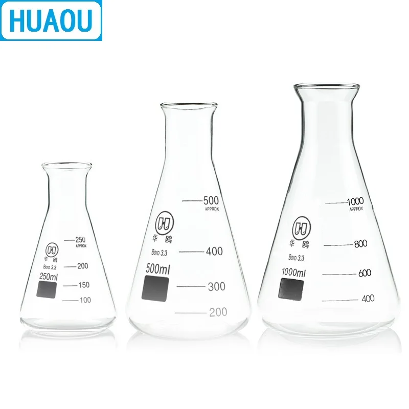 HUAOU 250/300/500mL Erlenmeyer Flask borosilicato 3.3 vetro conico triangolo boccetta attrezzatura chimica da laboratorio