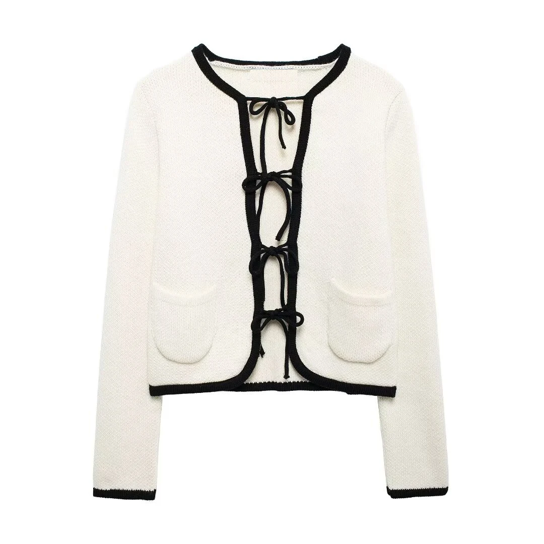 Tangada 2024 Women Elegant Bow Cardigan Sweaters Long Sleeve Female Crop Jumper BE0260