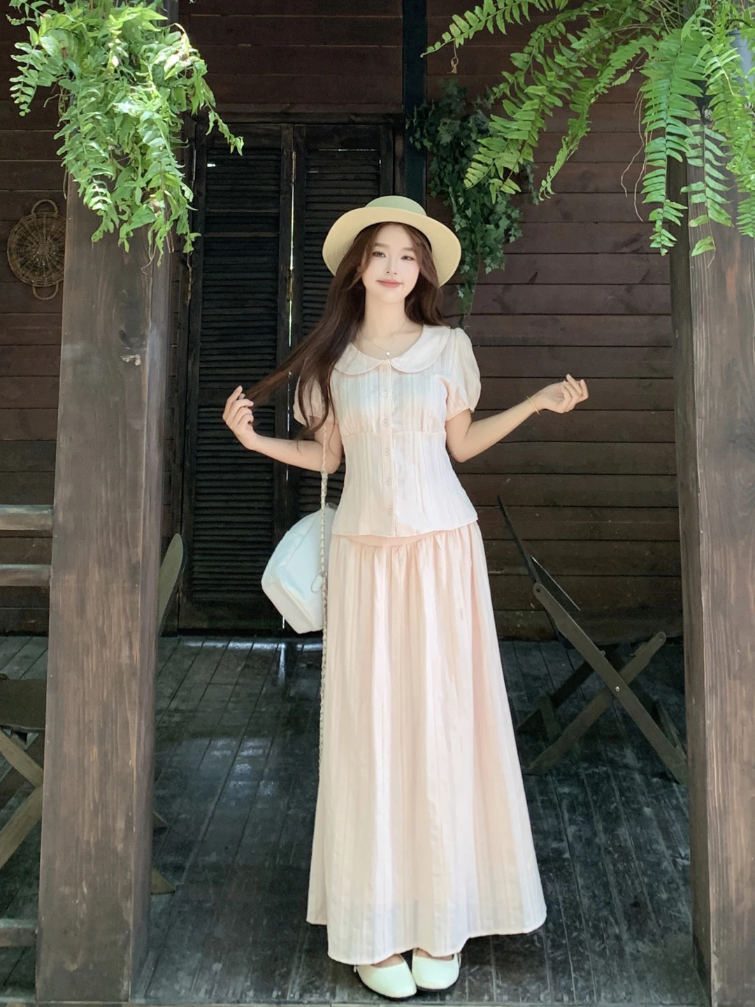 

Sweet Two-Piece Set Bubble Sleeve Shirt Waist-Cinching High-Waisted Midi Skirt Summer New Style Age-Defying plus Size Women's...
