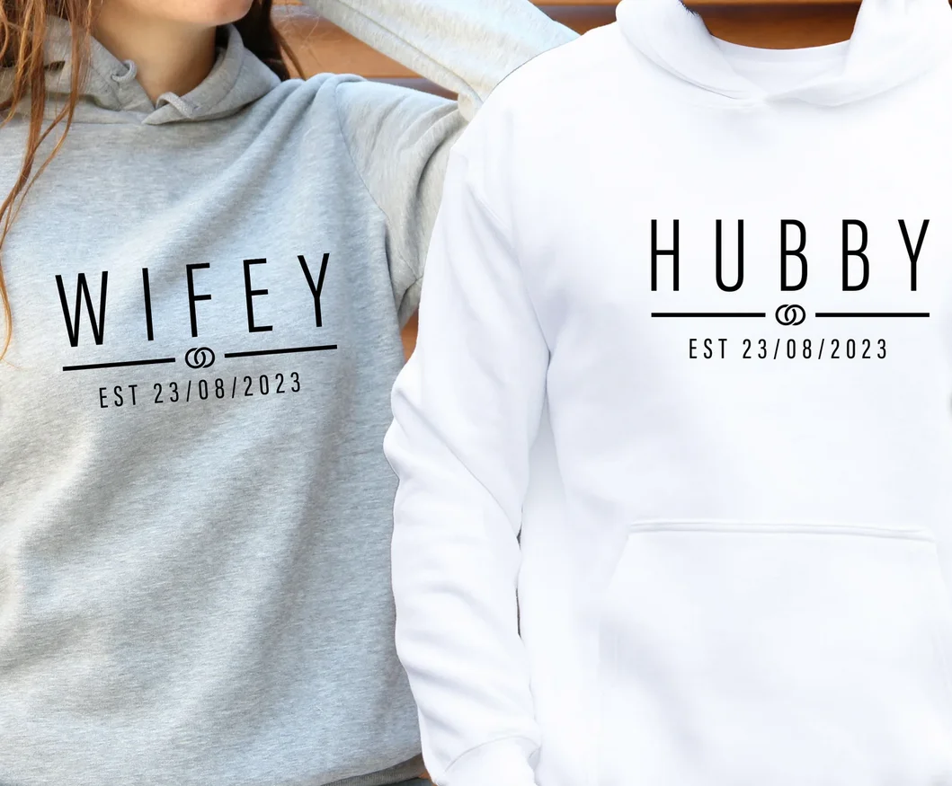 Sudadera con capucha personalizada de luna de miel, Sudadera con capucha Hubby de Wifey, Sudadera con capucha de Mrs To Be, Sudadera con capucha a juego, sudaderas con capucha de pareja de boda, Sudadera con capucha Just Married