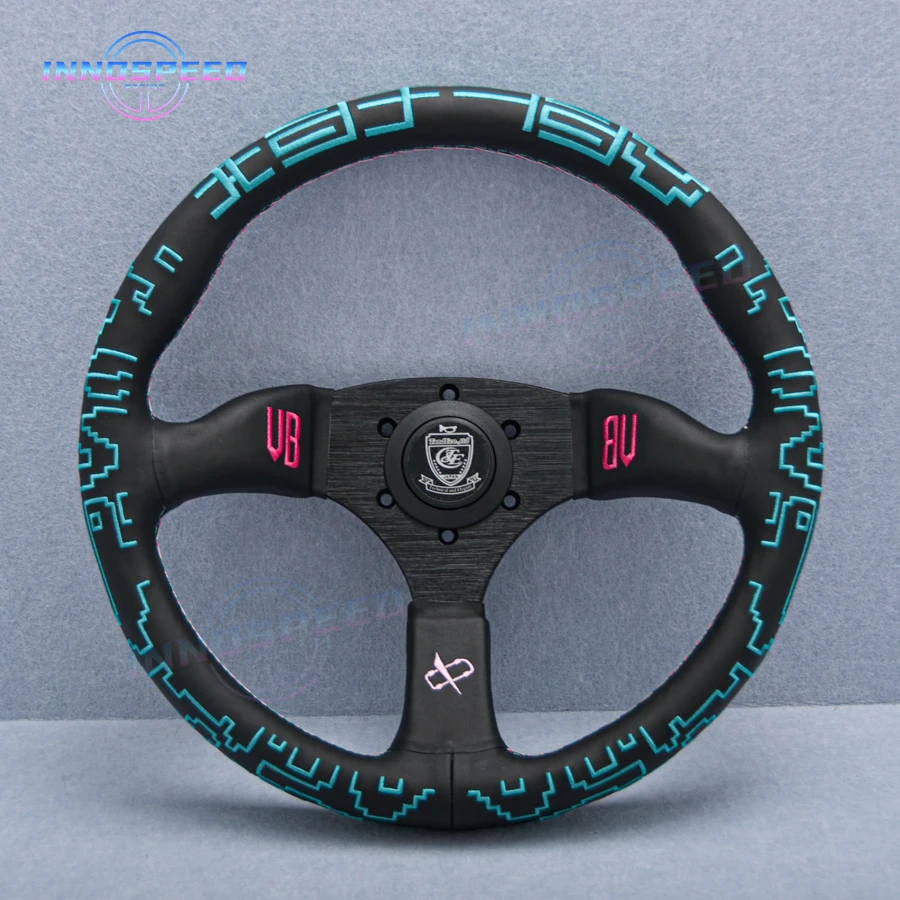 Vertex x BOWZ Collaboration JDM Steering Wheel New 350mm Black Leather Drift Sport Racing Vertex Steering Wheel Fit 6 hole Hub