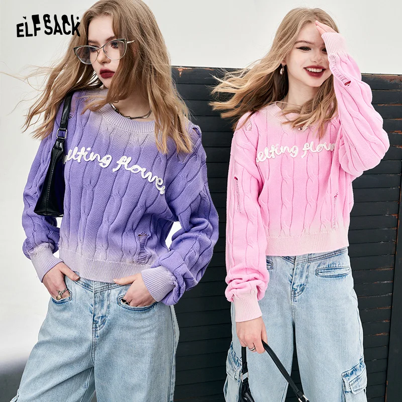 ELFSACK gradient pullovers women\'s crew neck hollow top 2024 spring new sweet style cropped cotton top