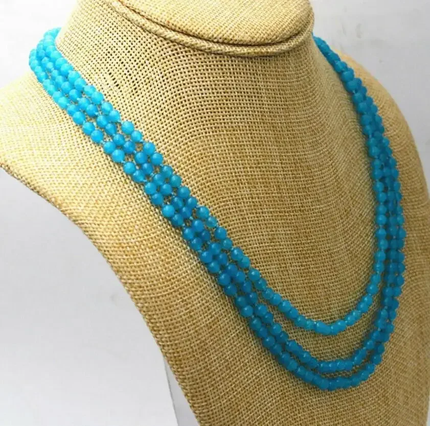 FINE jewelry   3 Rows Small 4mm Light Blue Brazil Aquamarine Round Gems Beads Necklace 17-19''