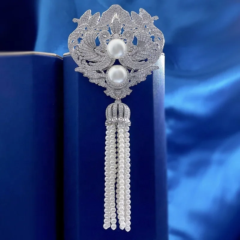 Fine Fashion Jewelry CZ Zircon Cubic Zirconia S925 925 Sterling Silver Tassel Pearl Phoenix Breastpin Brooch