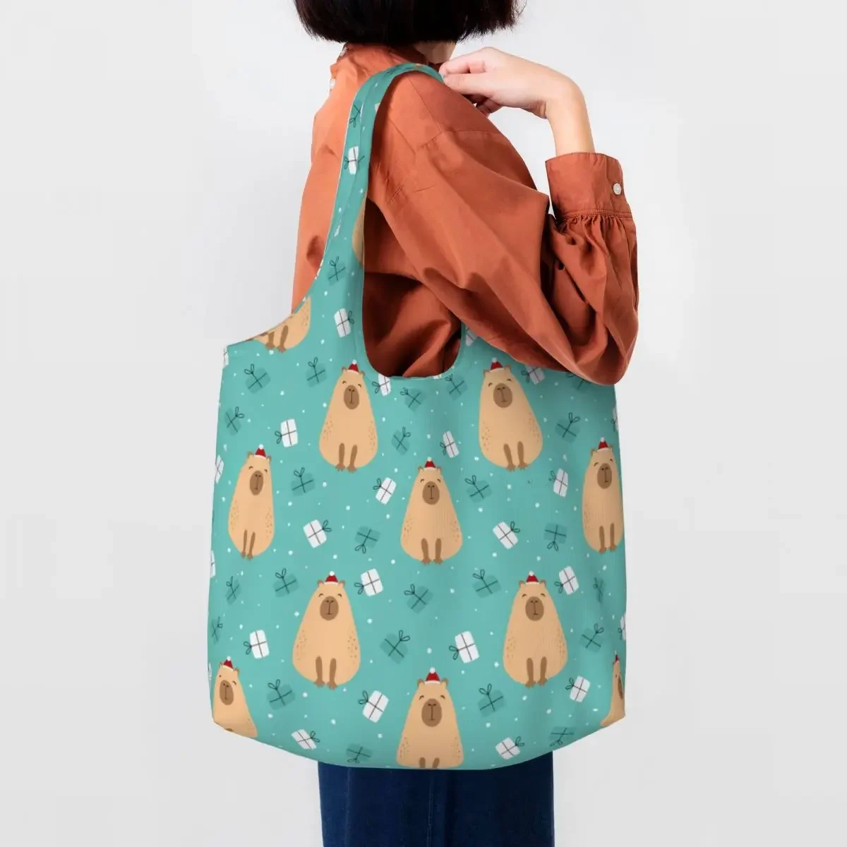 Custom Merry Christmas Capybara Groceries Shopping Bag Printing Canvas Shopper Tote Shoulder Bags Big Capacity Washable Handbag