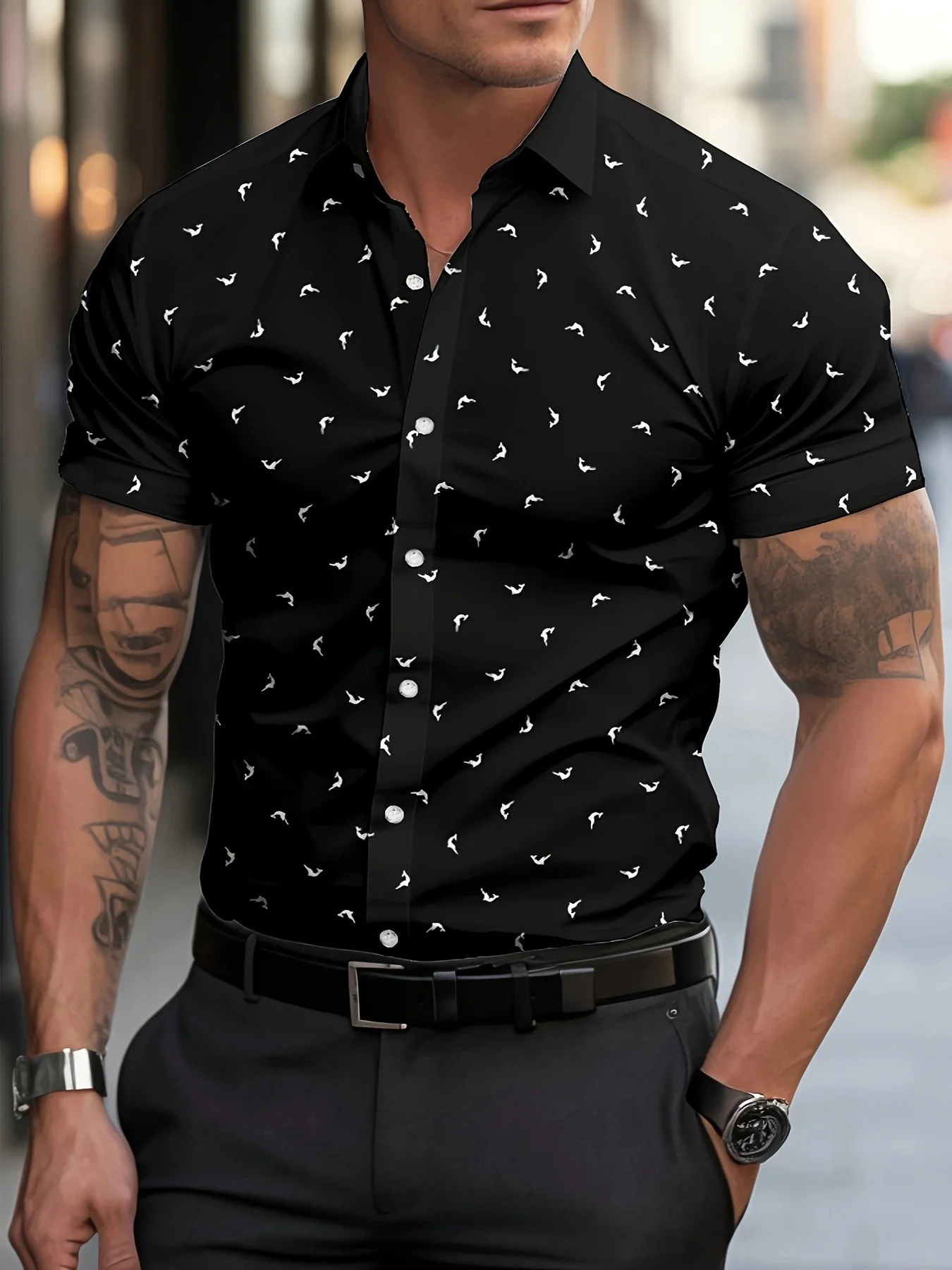 Men's Casual Short Sleeve Shirt - Summer Lightweight Breathable Fabric with Vibrant Blue Fish Print, Classic Pointed Collar
