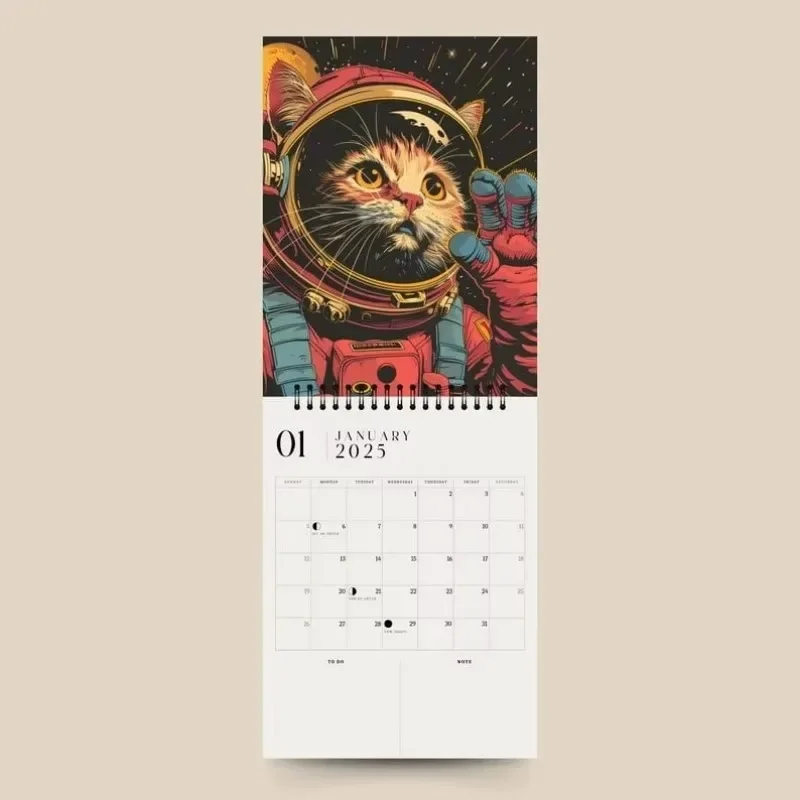 2025 Astronaut Cat Calendar Wall Mounted Space Cat Hanging Calendar Page Turner Paper Cool Sunglasses Cat Calendar